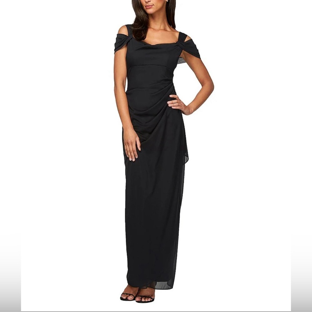 Alex Evenings Exposed Shoulder Draped Neck Cap Sleeve Ruched Waterfall H…